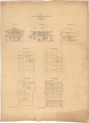Thiersch, August ; Berchtesgaden (Bayern); Wohnhaus Gebhard - Ansichten, Grundriss Keller, Grundriss EG, Grundriss 1. OG, Grundriss DG, Querschnitt