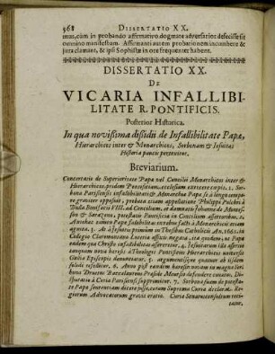 Dissertatio XX. De Vicaria Infallibilitate R. Pontficis. Posterior Historia.