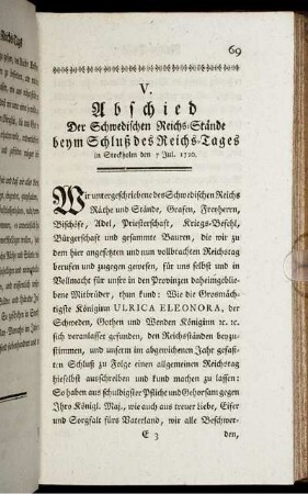 V. Abschied Der Schwedischen Reichs-Stände beym Schluß des Reichs-Tages in Stockholm den 7 Jul. 1720.