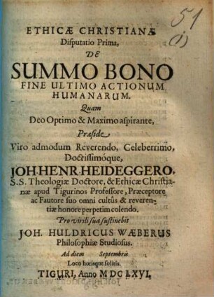 Ethicae Christianae Disputatio Prima, De Summo Bono Fine Ultimo Actionum Humanarum