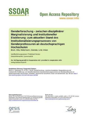Genderforschung - zwischen disziplinärer Marginalisierung und institutioneller Etablierung: zum aktuellen Stand des Institutionalisierungsprozesses von Genderprofessuren an deutschsprachigen Hochschulen