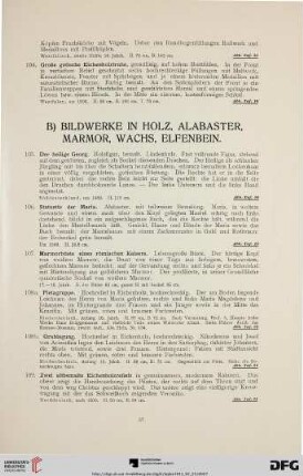 B) Bildwerke in Holz, Alabaster, Marmor, Wachs, Elfenbein (Nr. 105-152)