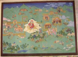 "Wenshu" auf einem Löwen inmitten einer Tempel- und Palastanlage umgeben von freier Landschaft