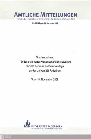 Studienordnung für das erziehungswissenschaftliche Studium für das Lehramt an Berufskollegs an der Universität Paderborn : vom 10. November 2008