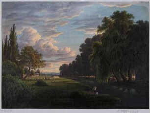 Die Weißeritz bei Friedrichstadt westlich von Dresden nach Süden, Blatt aus dem Sächsischen Kunstverein nach dem Gemälde von Ernst Ferdinand Oehme "Das Weißeritzufer in der Friedrichstadt" von 1833 im Stadtmuseum in Dresden