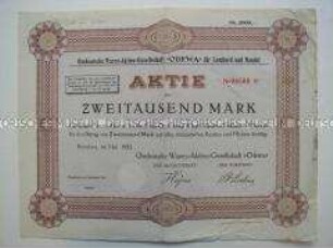 Aktie der Ostdeutschen Waren-Aktien-Gesellschaft "Odewa" für Lombard und Handel über 2000 Mark