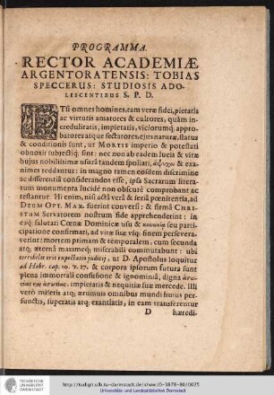 PROGRAMMA. RECTOR ACADEMIAE ARGENTORATENSIS. TOBIAS SPECCERUS. STUDIOSIS ADOLESCENTIBUS S.P.D.