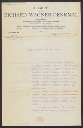 Brief an Ludwig Strecker  und B. Schott's Söhne : 01.11.1902