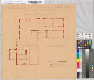 Erweiterungsbau des Krankenhauses Bardenberg. Wirtschaftsgebäude. Z.T. kolorierte Grundrisse und Schnitte. 3. Obergeschoß