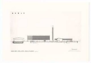 DEMAG, Duisburg: Ansicht von Süd-Ost mit Schnitt durch die Ausstellungshalle, das Garagengeschoss und die Lagerhalle 1:200