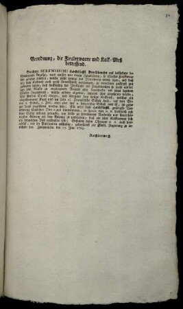 Verordnung, die Zieglerwaare und Kalk-Meß betreffend : Zweybrücken den 17. Jan. 1765.