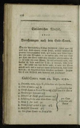 Einländischer Wechsel, oder Berechnungen nach dem Geld-Cours.