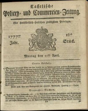 16tes Stueck, Montag den 21ten April 1777
