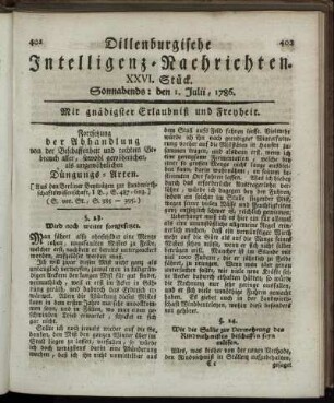 XXVI. Stück. Sonnabends: den 1. Julii, 1786.