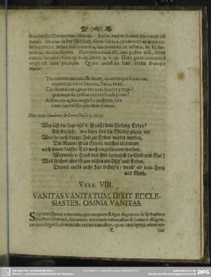 Vers. VIII. Vanitas Vanitatum, Dixit Ecclesiastes, Omnia Vanitas