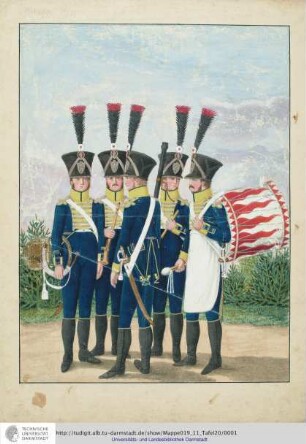 Abbildung Des Gros[s]herzoglich Hessischen Militair. [Tafel 20: Regiment Groß- und Erbprinz; Teil der Hautboistenbande des Regiments]. S.l.e.a. [ca. 1813/14]