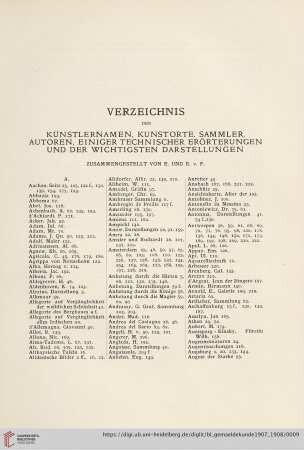 Verzeichnis der Künstlernamen, Kunstorte, Sammler, Autoren, einiger technischer Erörterungen und der wichtigsten Darstellungen