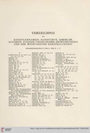 Verzeichnis der Künstlernamen, Kunstorte, Sammler, Autoren, einiger technischer Erörterungen und der wichtigsten Darstellungen