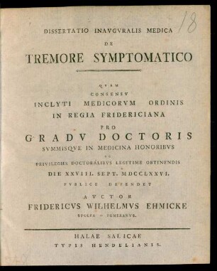 Dissertatio Inauguralis Medica De Tremore Symptomatico
