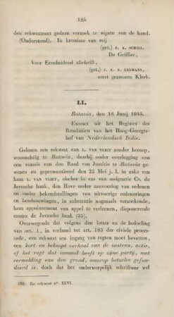 LI. Batavia, den 18 Junij 1845. Extract uit het Register der Resolutien van het Hoog-Geregtshof van Nederlandsch Indie.
