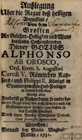 Auslegung über die Regul deß H. Augustini