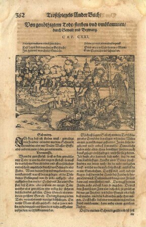 Grafik und Text "Von genöthigtem Todt / sterben und umbkommen / durch Gewalt und Bezwang. CAP. CXXI"