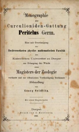 Monographie der Curculioniden-Gattung Peritelus Germ. : mit einer Kupfertafel