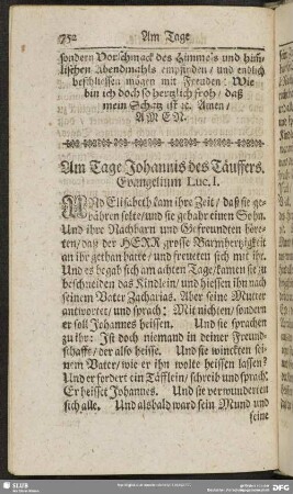 Am Tage Johannis des Täuffers. Evangelium Luc. I