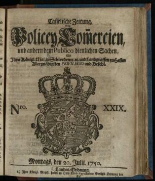 Nro. XXIX, Montags, den 20. Julii. 1750