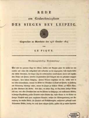 Rede am Gedächtnißfeste des Sieges bey Leipzig : gesprochen zu Mannheim den 19ten October 1914