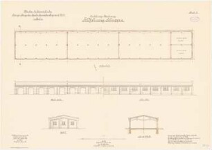 Kaserne des Garde-Kürassier-Regiments und des Königin-Augusta-Garde-Grenadier-Regiments Nr. 4, Berlin: Garde-Cürassier-Regiment, Kammergebäude-Anbauten: Grundriss Erdgeschoss, Querschnitt, Südansicht, Nordansicht, Giebelansichten 1:100