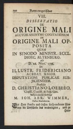 VIII. Dissertatio De Origine Mali Auctori Anonymo Cogitationum De Origine Mali Opposita ...