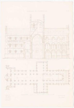 Kathedrale, Petersborough: Ansicht, Grundriss (aus: Altchristl. u. roman. Baukunst, hrsg. v. Zeichenaussch. d. Stud. d. TH Berlin, 1875)