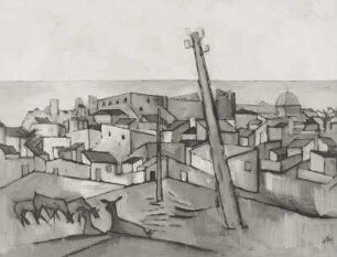 Konstruktives Ensemble mit Dorf, Mast und Ziegen vor Meer "COSTA BRAVA"