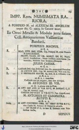 Impp. Rom. Numismata Rariora.