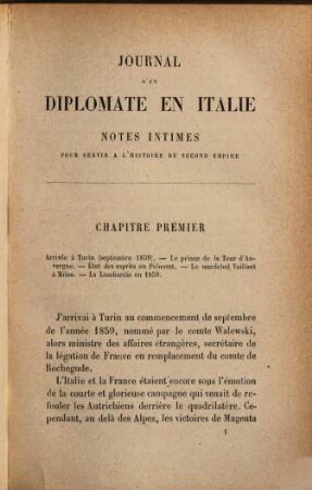 Journal d'un diplomate en Italie, notes intimes pour servir à l'histoire du second empire : Turin, 1859 - 1862