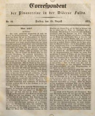 Nr. 16. Fulda, den 15. August 1851.