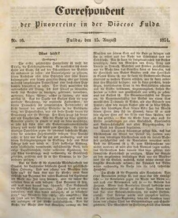 Nr. 16. Fulda, den 15. August 1851.
