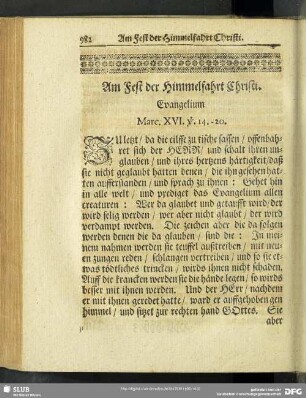 Am Fest der Himmelfahrt Christi. Evangelium Marc. XVI. v. 14.-20.