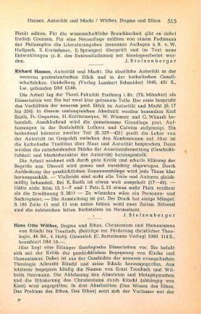 515-516 [Rezension] Wölber, Hans-Otto, Dogma und Ethos