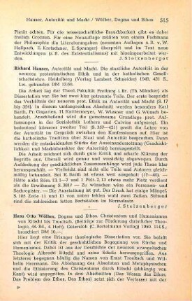 515-516 [Rezension] Wölber, Hans-Otto, Dogma und Ethos