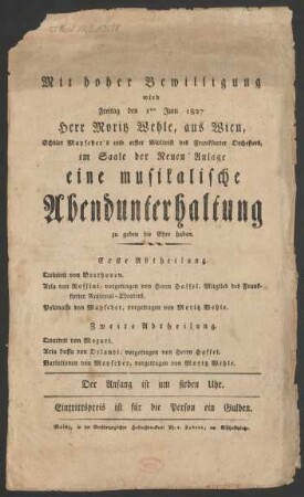 Konzertzettel zu einer "musikalischen Abendunterhaltung" am 01.06.1827