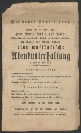 Konzertzettel zu einer "musikalischen Abendunterhaltung" am 01.06.1827