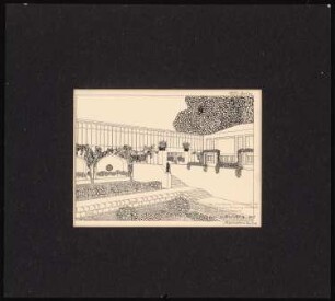 Ausstellungsgebäude für eine Gartenbaugesellschaft Schinkelwettbewerb 1907: Perspektivische Ansicht (Vogelschau) Garten