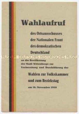 Wahlaufruf der Nationalen Front zur Volkskammerwahl 1958