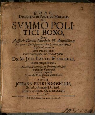 Dissertatio politico-moralis de summo politici bono