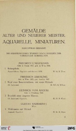 Gemälde alter und neuerer Meister, Aquarelle, Miniaturen (Nr. 1-147)