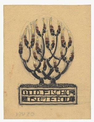 Exlibrisstudie für Otto Fischer : Stilisierter Baum auf einem Postament, Namenszug auf dem Sockel