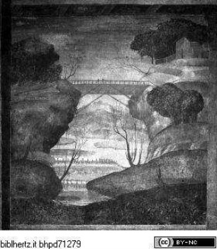 Scheinarchitektur mit Landschaftsausblicken, Tivoli, Ansicht des Ponte di San Rocco über dem Fluß Aniene