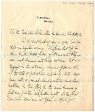 Handschriftlicher Brief des kanadischen Premierministers Robert Borden zum Ausbruch des 1. Weltkrieges